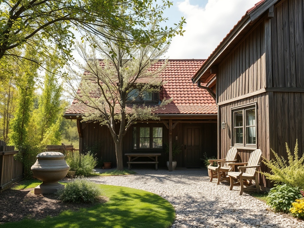 Уютный деревянный дом с красной крышей, зелеными деревьями и камнями, окружённый цветами и травой.