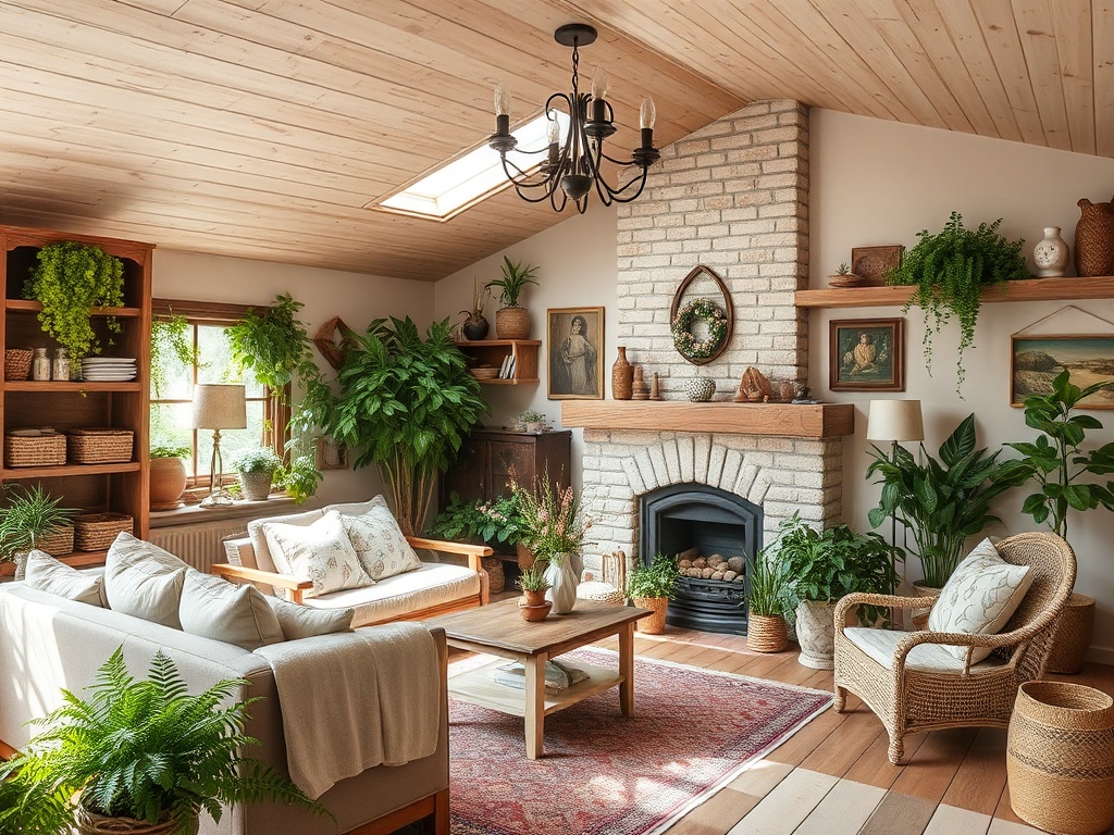 Уютная гостиная с зелеными растениями, камином и деревяными элементами, светлый интерьер в теплом стиле.