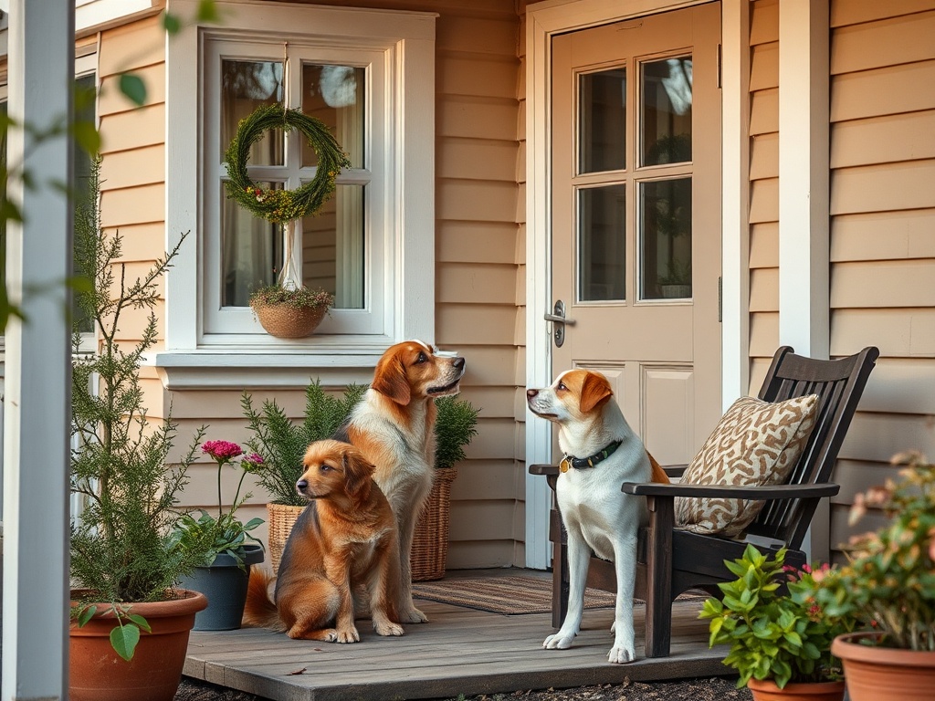 На веранде дома сидят три собаки, окруженные цветами и растениями, наслаждаясь спокойным днем.