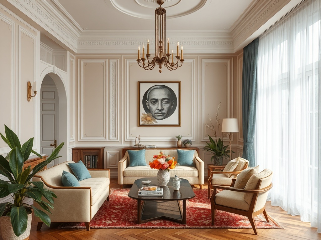 Современный уютный интерьер гостиной с роскошной мебелью и художественным оформлением стен.