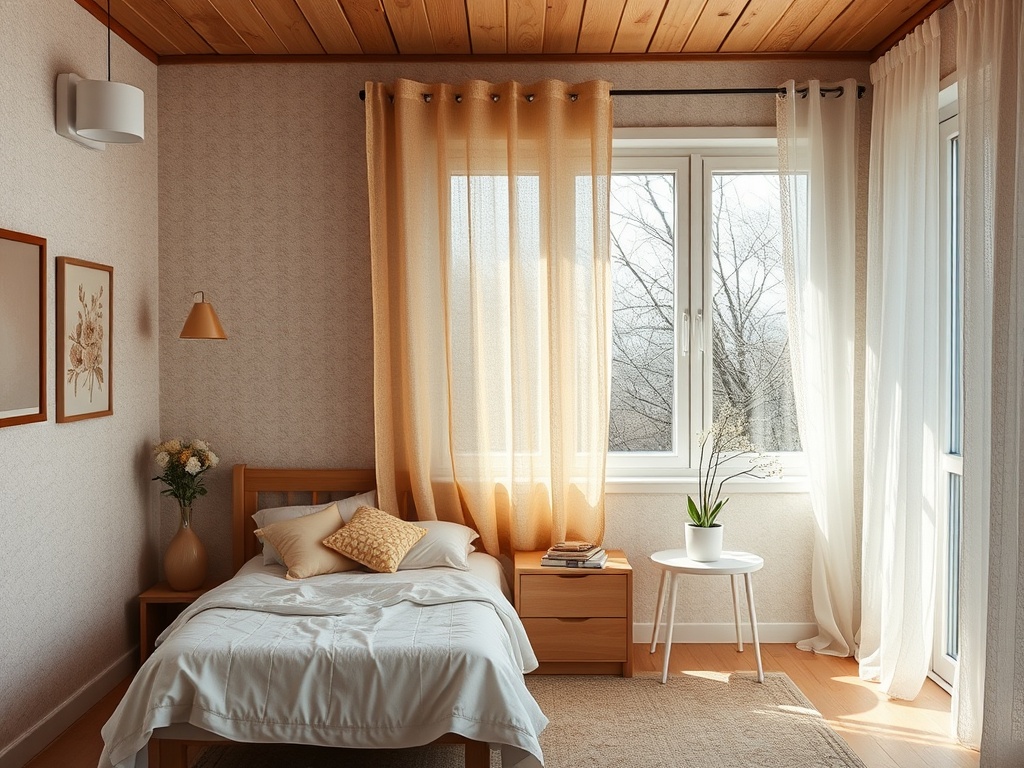 Уютная комната с односпальной кроватью, светлыми шторами и растениями у окна. Тёплый древесный потолок.