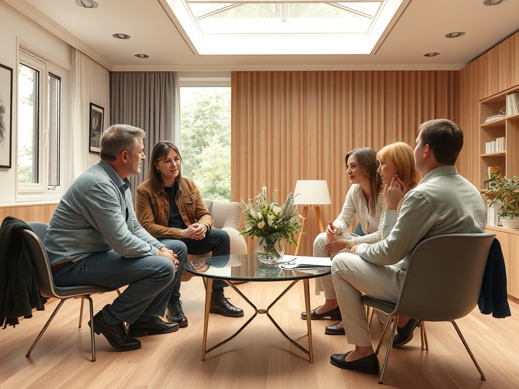 В помещении пятеро людей обсуждают что-то важное. Уютная обстановка, большой светлый窗.