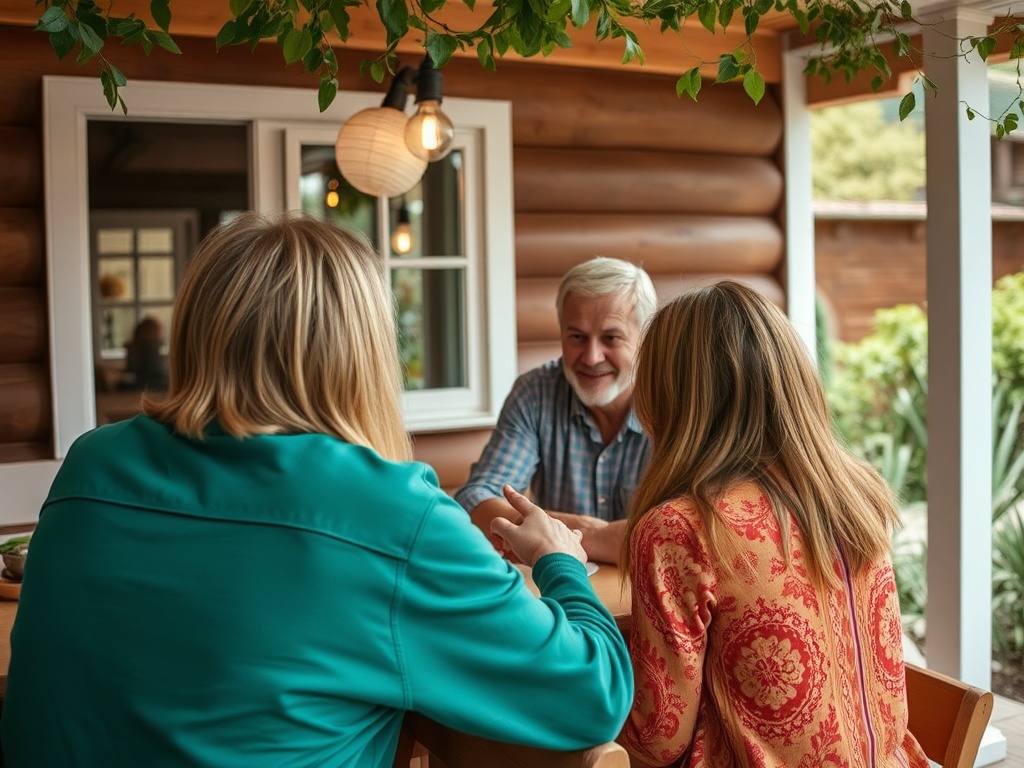 На картинке трое людей сидят за столом в уютном помещении, общаясь и наслаждаясь временем вместе.