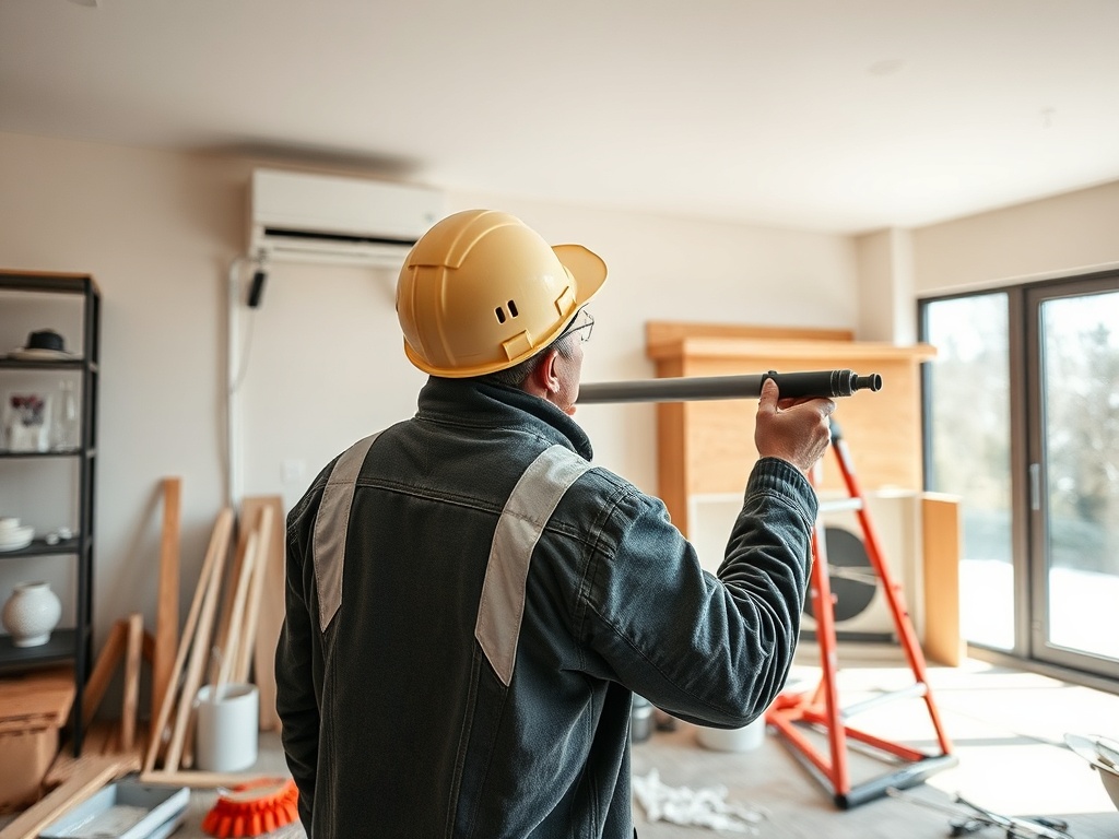 Рабочий в каске держит трубу в руках, стоя в комнате с строительными материалами и лестницей.