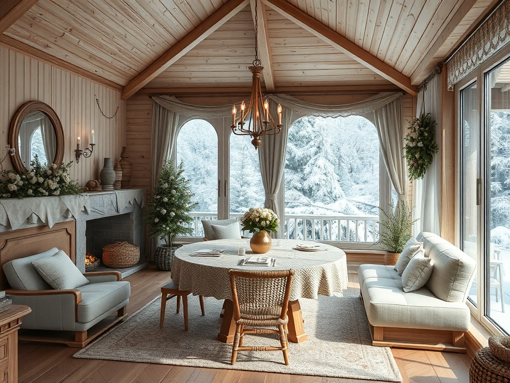 Уютный деревянный интерьер с обеденным столом, снежный пейзаж за окнами и атмосферные детали декора.