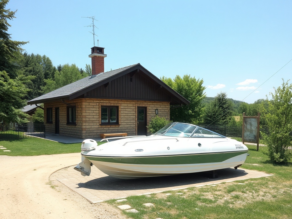 Уютный дом с лодкой на приусадебном участке, окруженный зелеными деревьями и голубым небом.