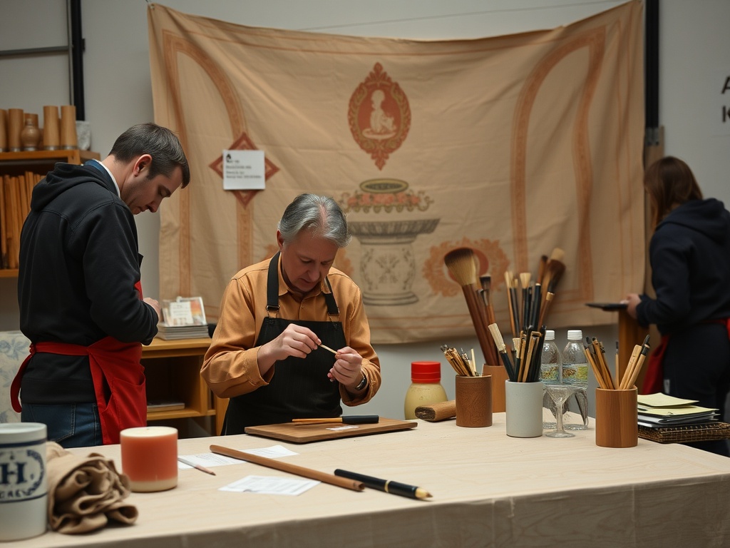 На изображении artisans работают с инструментами на столе, окруженные деревянными предметами и оформлением.