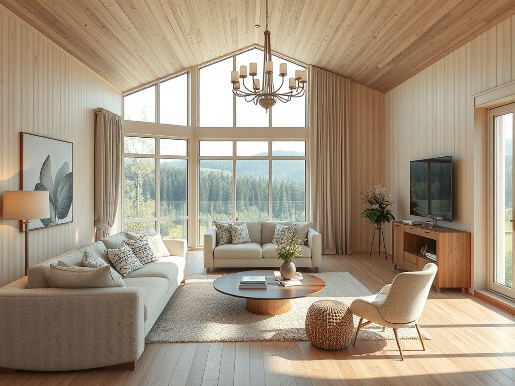 Современная гостиная с большими окнами, деревянной отделкой и уютной мебелью. Светлое и просторное пространство.