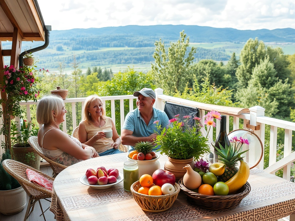 Трое людей отдыхают на веранде, наслаждаясь природой и фруктами на столе. Солнечный день и приятная беседа.