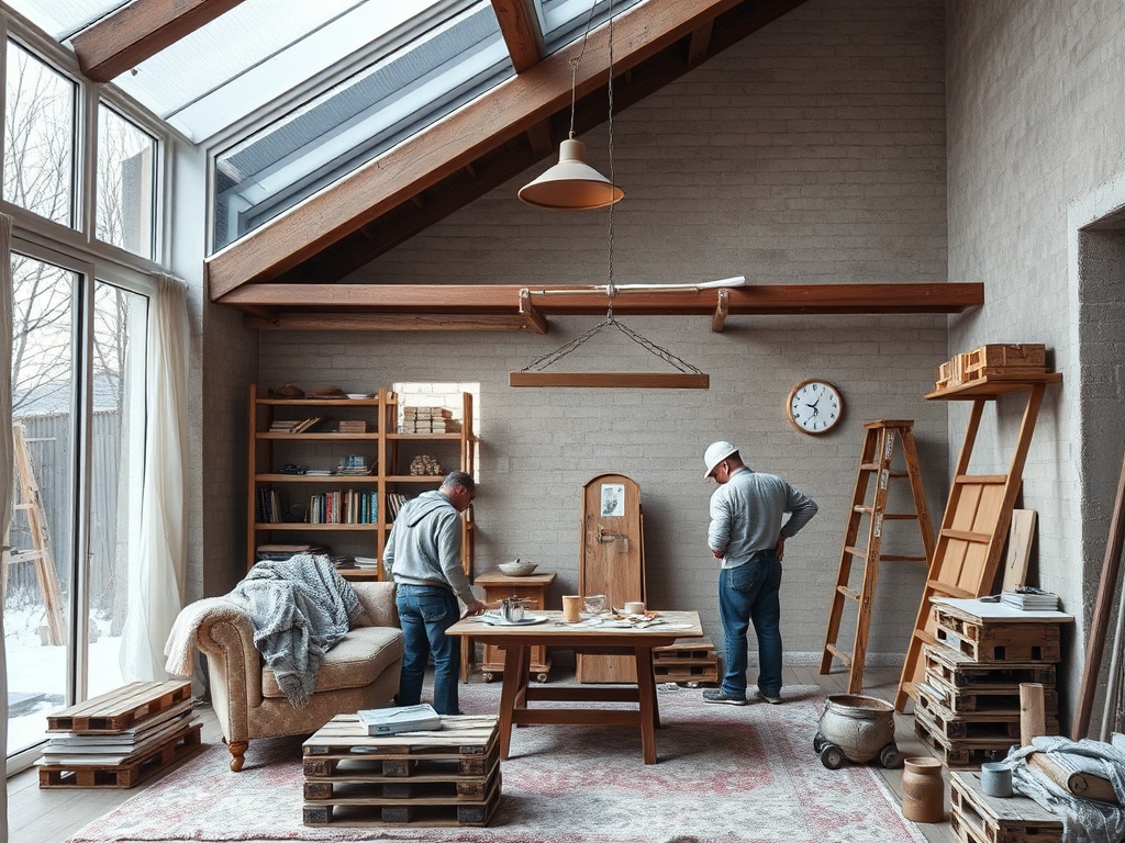 Два человека работают в уютной комнате с большими окнами и деревянными потолками, окруженные мебелью из дерева.