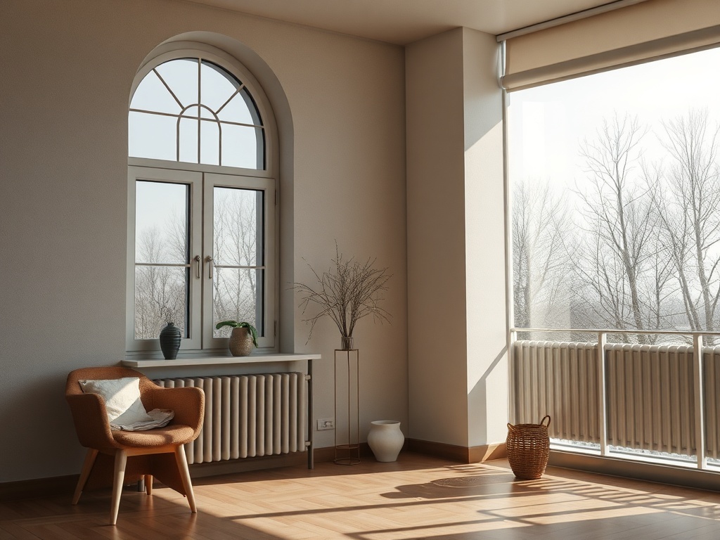 Светлая комната с окнами, стульем и растениями, вид на холодный зимний пейзаж за окном.