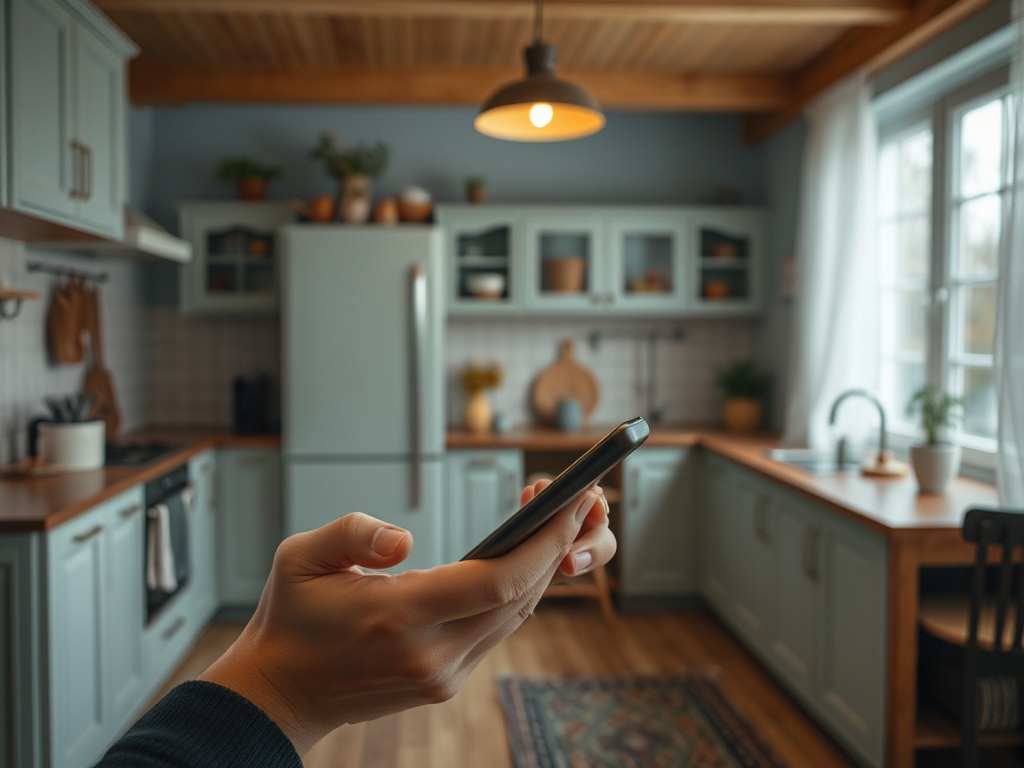 На изображении уютная кухня с деревяным столом и рукой, держащей смартфон. Светлое и теплое пространство.