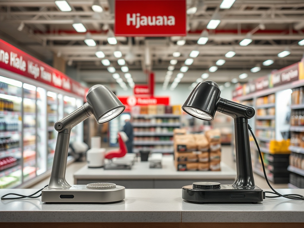Две настольные лампы разного цвета стоят на столе в магазине на фоне ярких полок с товаром.