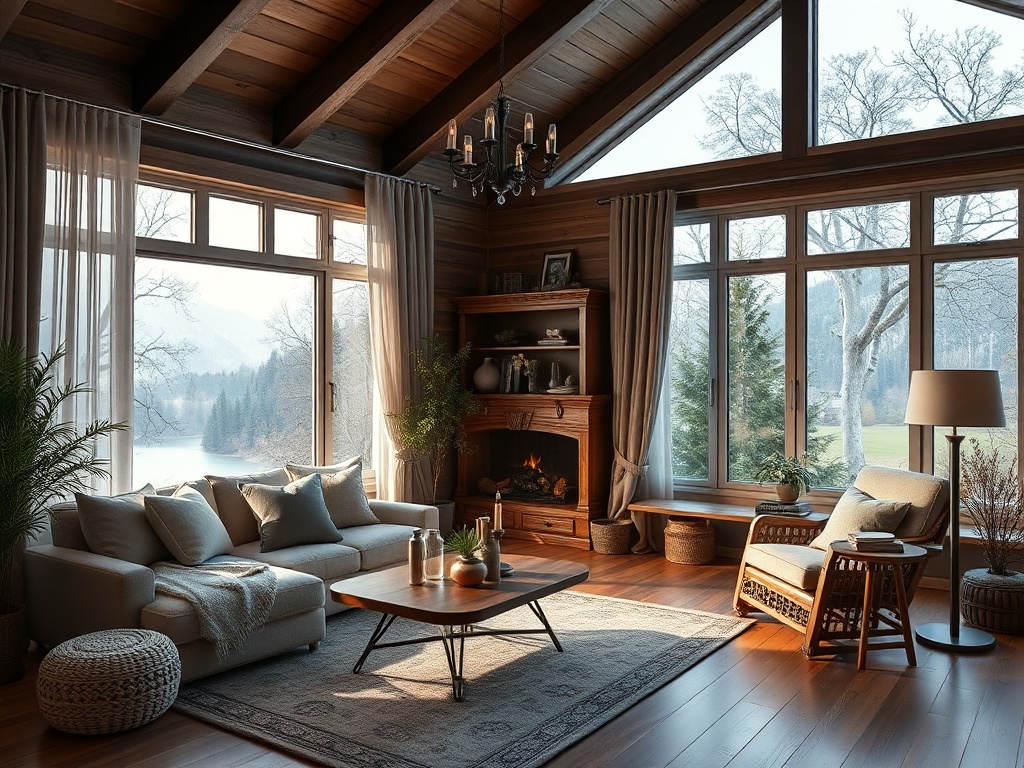Уютная гостиная с большими окнами, деревянными балками и видом на природу. Теплый свет, мягкая мебель.