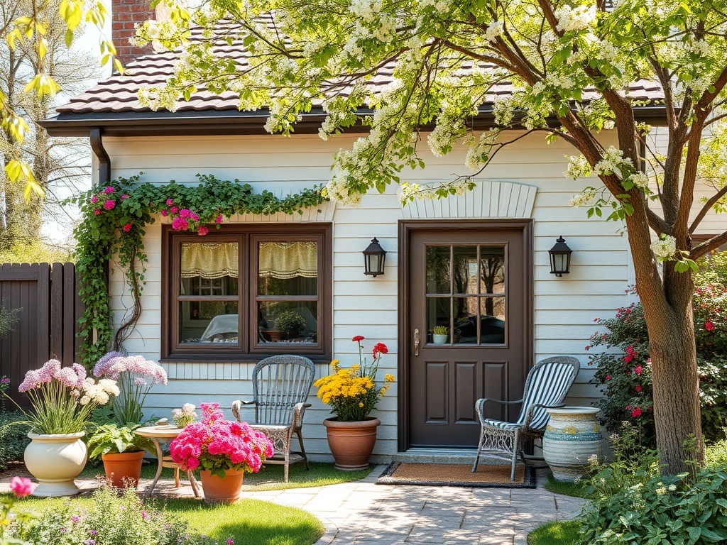 Очаровательный дом с цветами у входной двери и уютной беседкой в солнечный день.
