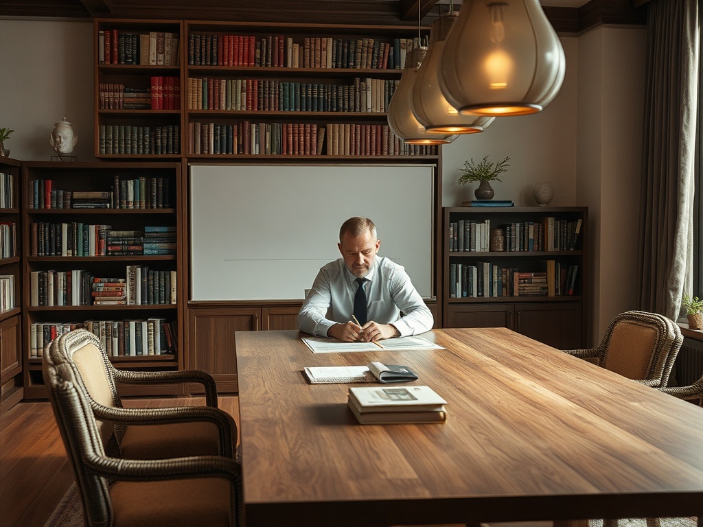 Мужчина в костюме сидит за столом в офисе с книгами на полках, записывая что-то в блокнот.