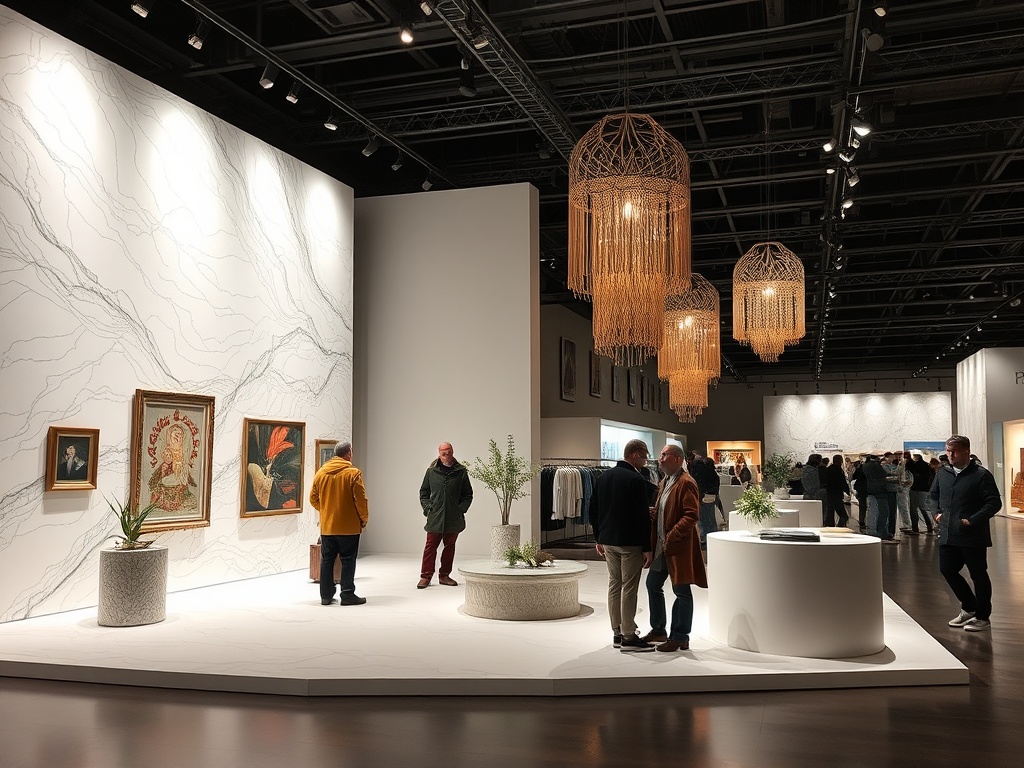 Современная выставка с картинами, растениями и открытыми пространствами, стильное освещение и люди в диалоге.