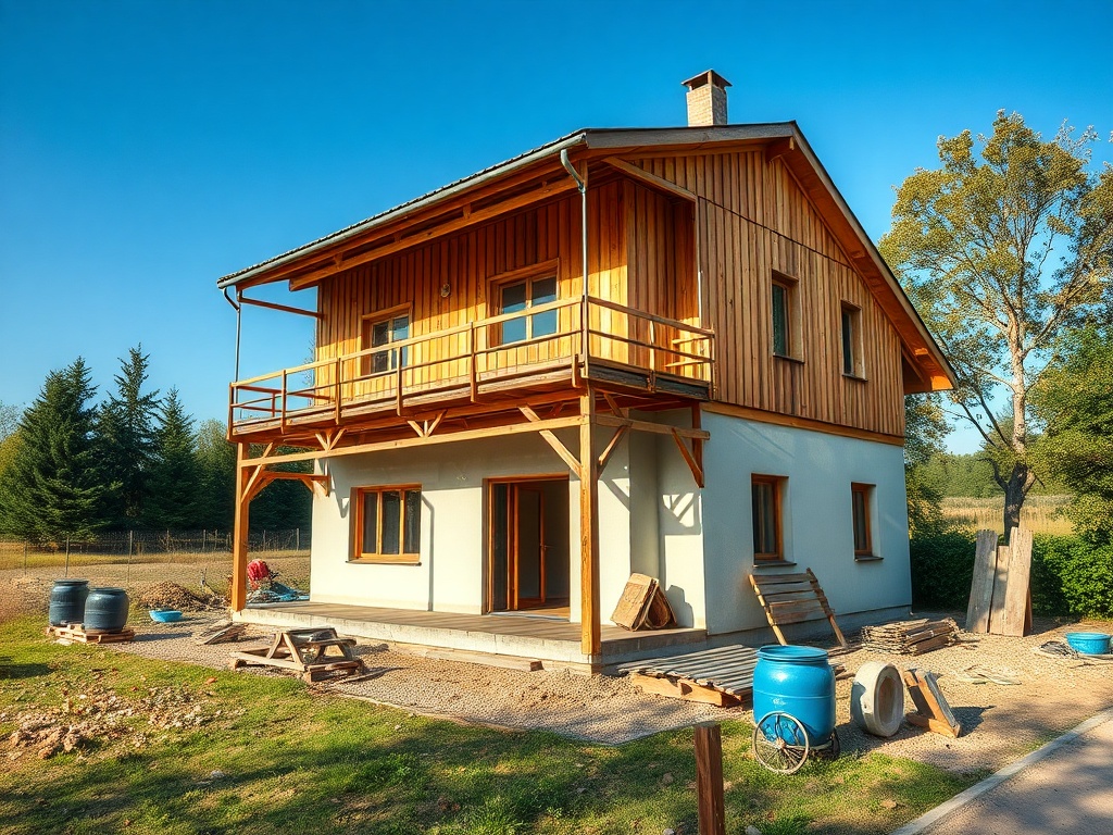 Современный дом с деревянным фасадом, расположенный в зелёной местности под ясным небом.