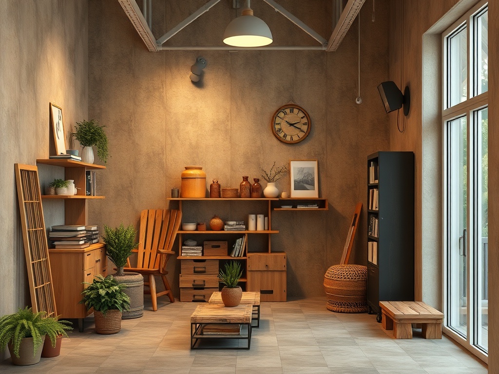 Современный интерьер комнаты с деревянной мебелью, растениями и большим окном. Уютная атмосфера.