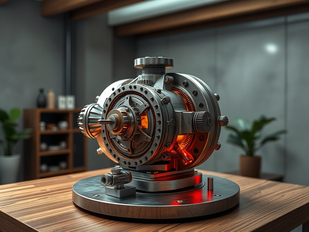 Металлический механизм с подсветкой на деревянном столе, на заднем плане - растения и предметы интерьера.