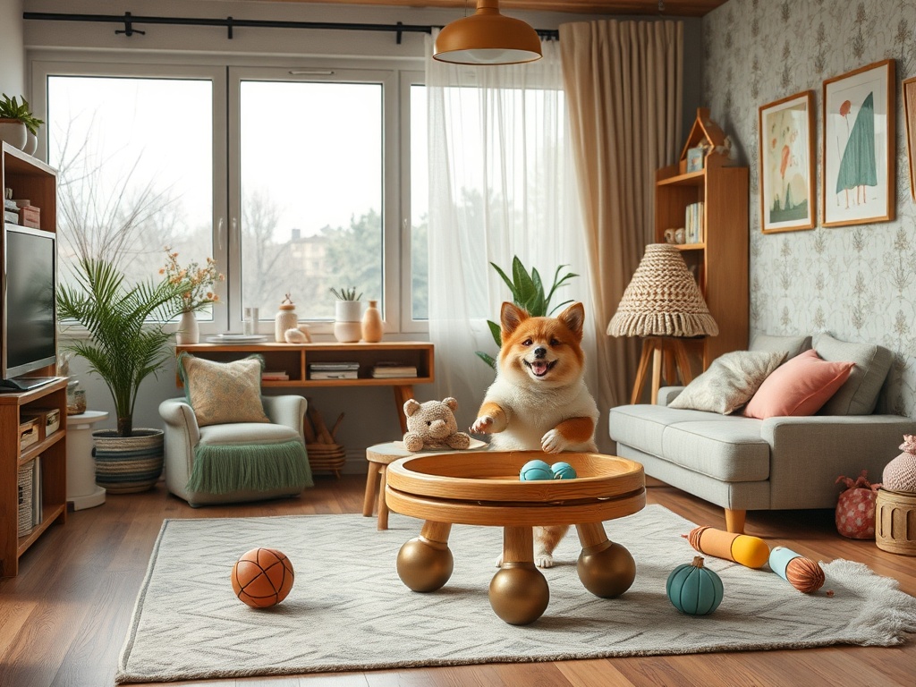 Современный интерьер с собакой, игрушками и уютной мебелью, свет проникает через окна.