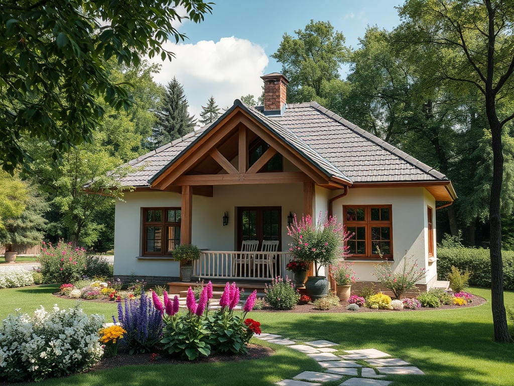 Современный дом с садом, окружённый зеленью и цветами, в солнечный день. Стильный дизайн и уютная атмосфера.