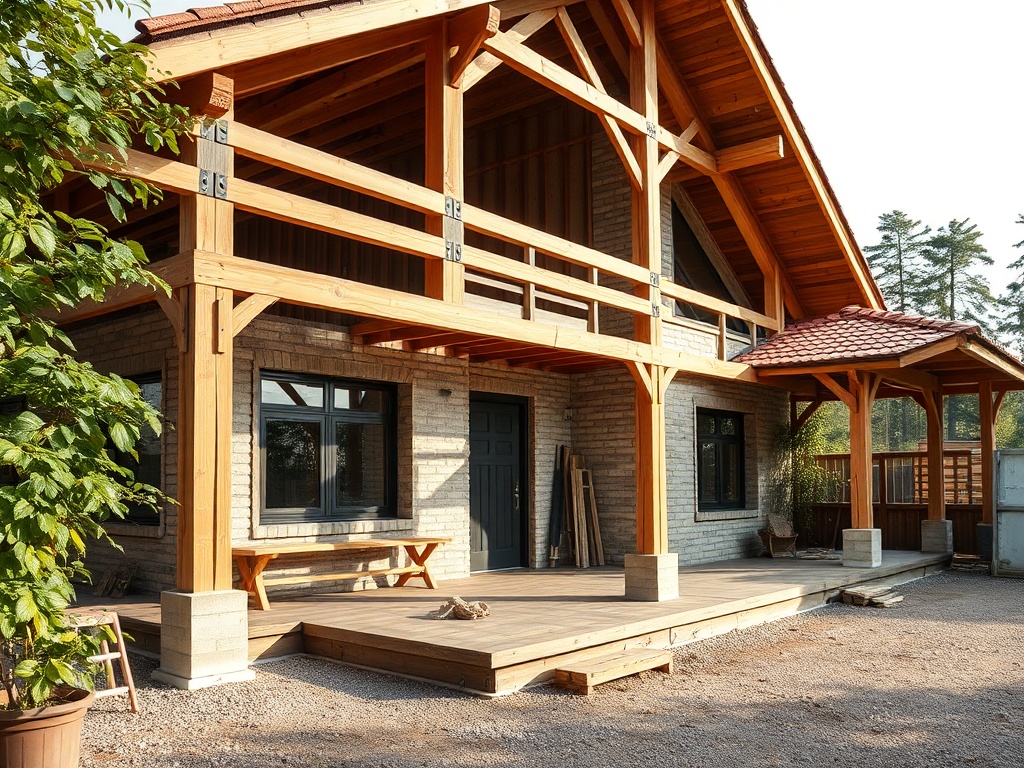 Современный дом с деревянной отделкой и террасой, окруженный зелеными насаждениями и лесом.