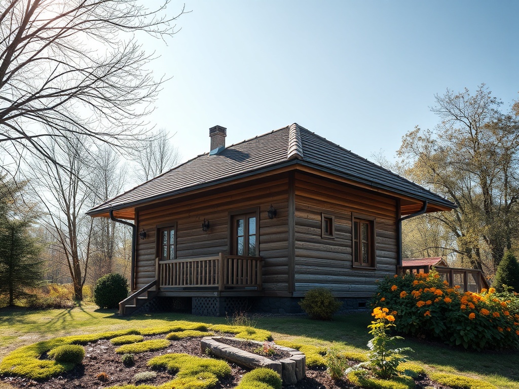 Деревянный дом с крышей из черепицы, окружённый зелёным ландшафтом и яркими цветами в солнечный день.